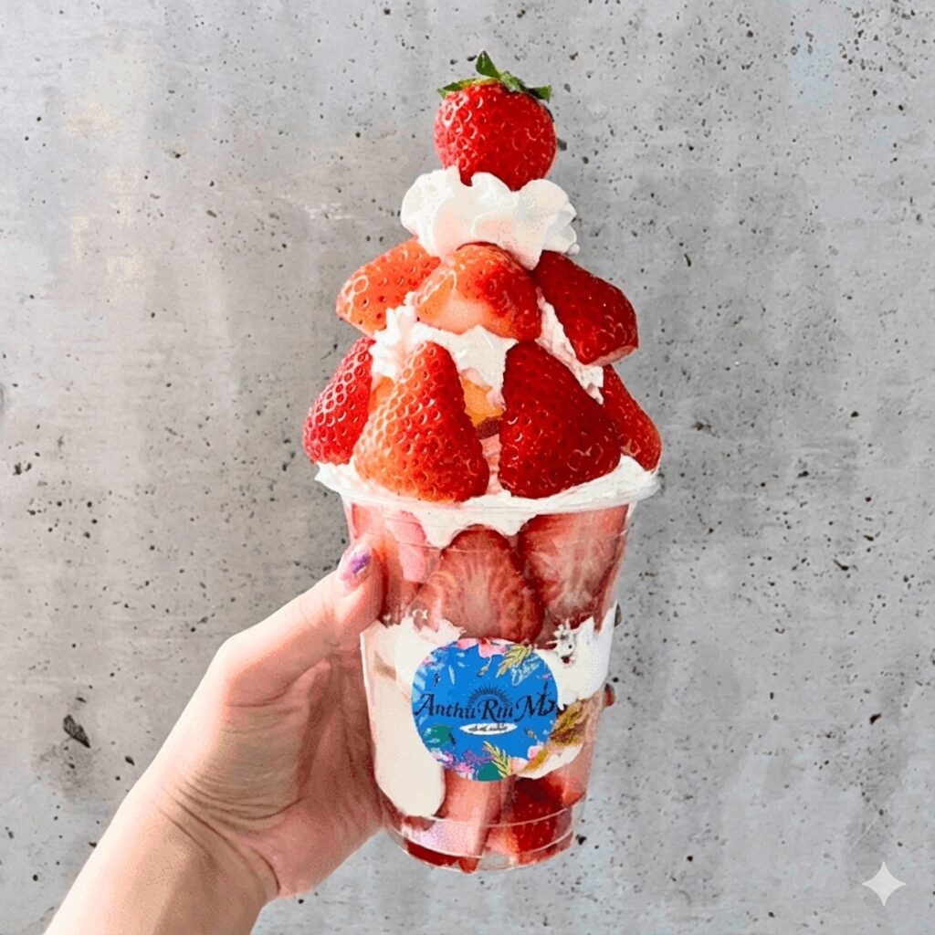 有田パフェ専門店アンスリュームの手に持ったおしゃれないちごパフェ